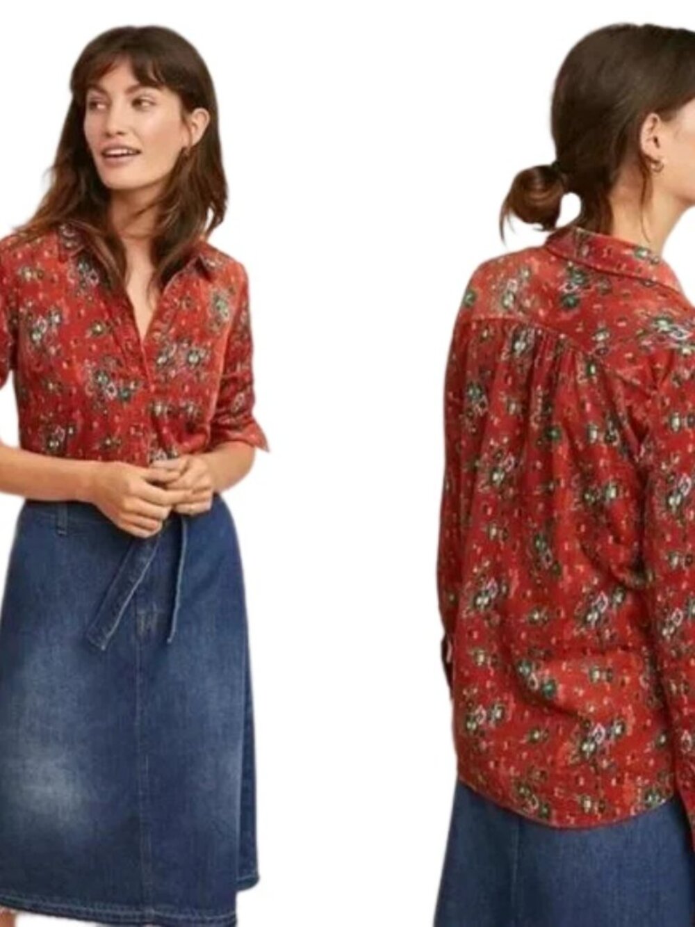 Anthropologie Building 13 Floral Corduroy Button Down Shirt Rust Size 0